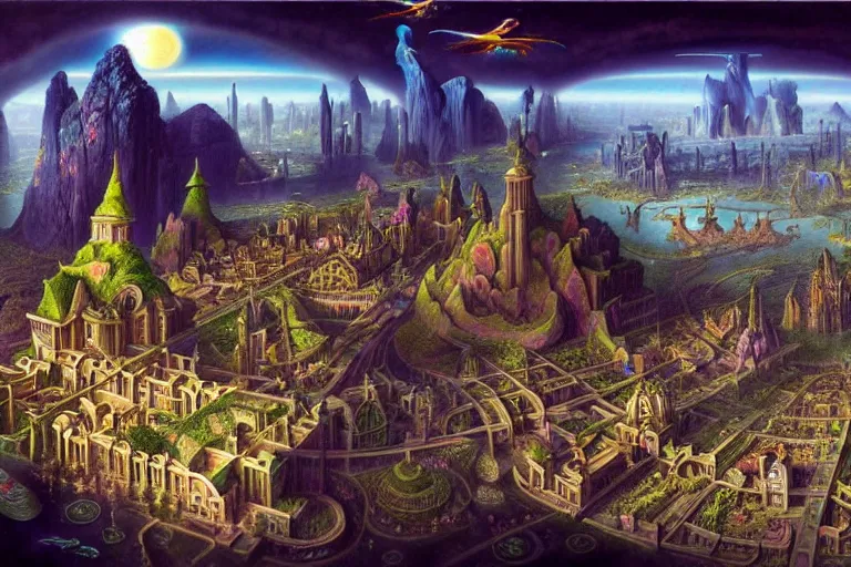 Image similar to a beautiful stunning insanely detailed matte painting of a magical mythical city at the edge of world buzzing with activity by Heironymous Bosch and Jim Burns
