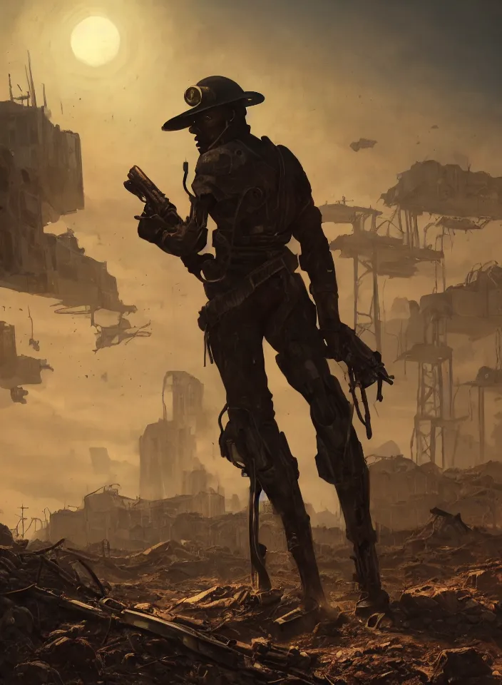 Image similar to a half portrait of preston garvey exploring a ruined settlement in fallout 4, sci - fi setting, fallout environment, drab colors, serene lighting, atmospheric, cinematic, moody, in the style of diego koi, gina heyer, luiz escanuela, art by alyssa monk, hyperrealism, rule of thirds, golden ratio, oil on canvas, 8 k