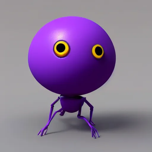 Image similar to photo of a comically tiny clay model of character with large spherical purple head and large childlike eyes with comically tiny body and spindly limbs leans close to the camera, fish eye lens, 4 k, hyper realistic, hyper detailed face, octane render, comedic, cute