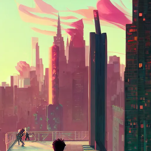 Image similar to damian wayne with a pink haired boyfriend, city landscape, Gotham, artstation, highly detailed, by makoto shinkai and thomas kindle and James gilleard