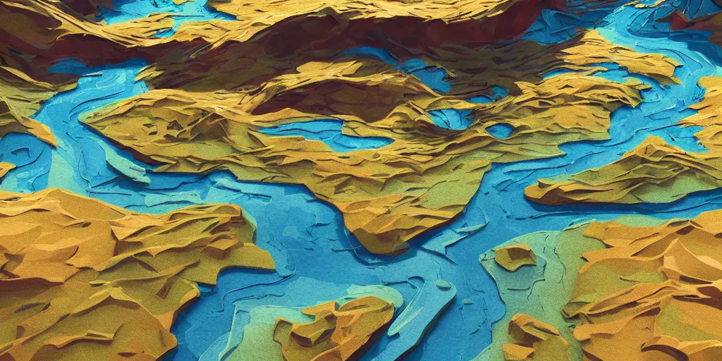 Prompt: abstract 3d landscape painting with a river at noon by james jean and David Schnell painted in no mans sky style, redshift, octane