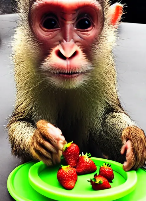 Prompt: Rabbit-capuchin hybrid eating strawberries from a tray. Bunny-monkey creature. Shot on iPhone. HD digital photography.