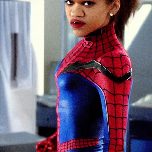 Prompt: Zendaya wearing Spiderman costume in American Psycho (1999)