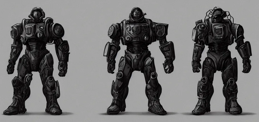 Prompt: fallout power armor frames concept art, black background, vibrant colors, 8 k photorealistic, hd, high details, trending on artstation