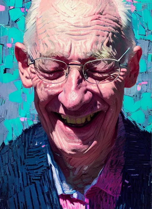 Image similar to portrait of a beautiful old man, smiling, ecstatic, dancing, eyes closed, open mouth, shades of pink and blue, beautiful face, rule of thirds, intricate outfit, spotlight, by greg rutkowski, by jeremy mann, by francoise nielly, by van gogh, digital painting