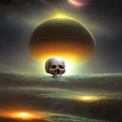 Image similar to a planet that has skull like features, stars in the background, natural, ultra detail. digital painting, beautiful, concept art, ethereal, cinematic, epic, 8k, high detail, Artstation, illustration, Trending on Artstation, Artstation HQ, Artstation HD, deviant art, Pinterest, digital art,