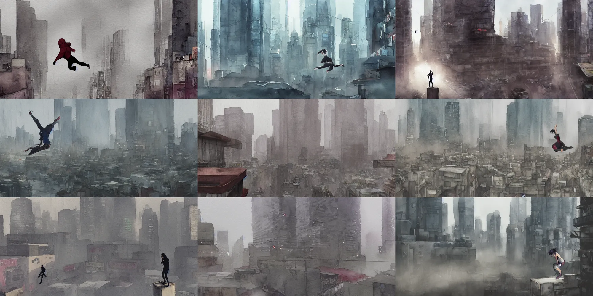 Prompt: incredible curvilinear screenshot, parkour, simple curvilinear watercolor, simple watercolor, paper texture, rooftop ghost in the shell movie scene, rooftop distant shot of hoody girl side view in deserted dusty shinjuku junk town, foggy, streets below, holding on to the edge, old pawn shop, venging machine, bright sun bleached ground ,scary chameleon face muscle robot monster lurks in the background, ghost mask, teeth, animatronic, black smoke, pale beige sky, junk tv, texture, strange, impossible, fur, spines, mouth, pipe brain, shell, brown mud, dust, bored expression, overhead wires, telephone pole, dusty, dry, pencil marks, genius party,shinjuku, koji morimoto, katsuya terada, masamune shirow, tatsuyuki tanaka hd, 4k, remaster, dynamic camera angle, deep 3 point perspective, fish eye, dynamic scene