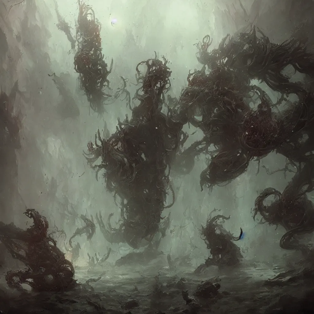 Prompt: lovecraftian horror by wlop, greg rukowski, ruan jia, horrifying