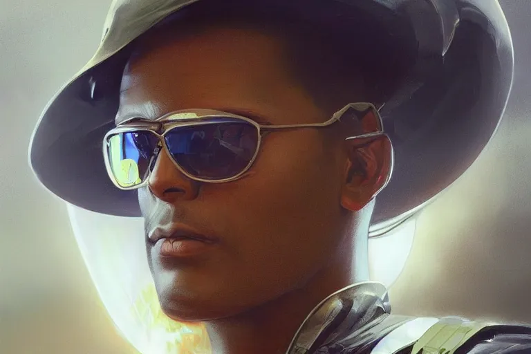 Prompt: Beautiful portrait of a translucent body glowing male police officer wearing cool shades. wide angle, magic, fire, darkness, dramatic lighting, Africa, intricate, wild, highly detailed, digital painting, artstation, concept art, smooth, sharp focus, illustration, art by artgerm and greg rutkowski and alphonse mucha, footage from space camera