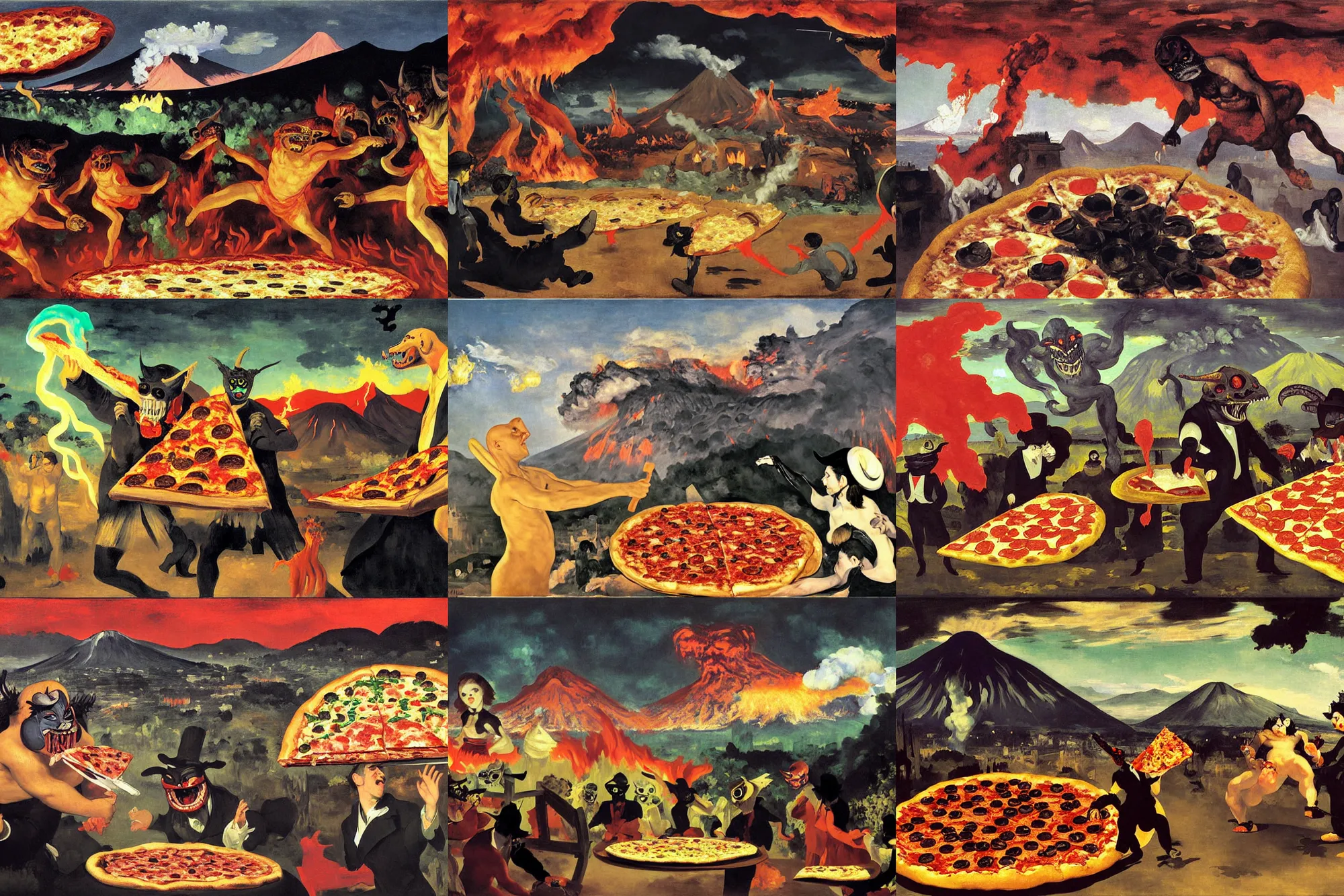 Prompt: masked demons grabbing a large pizza!!!, in the background is a volcano spewing lava and black smoke, streams of glowing hot lava, flashes of lightning in the distance. wide angle, long shot, an ultrafine detailed painting by edouard manet, deviantart, pop surrealism