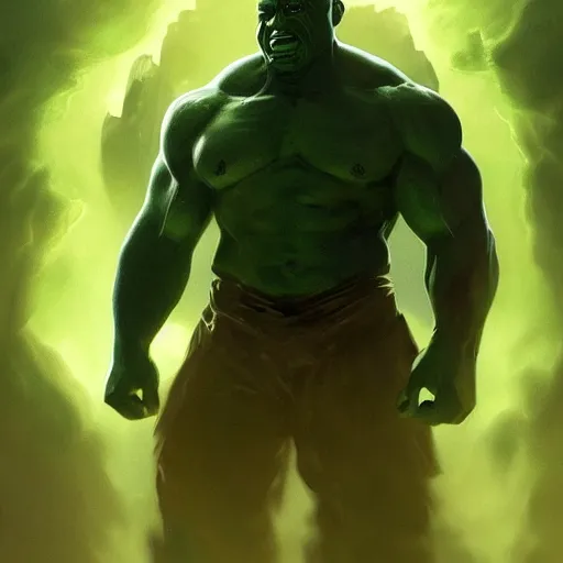 Image similar to Portrait of green Kanye West as the Hulk, amazing splashscreen artwork, splash art, head slightly tilted, natural light, elegant, intricate, fantasy, atmospheric lighting, cinematic, matte painting, by Greg rutkowski