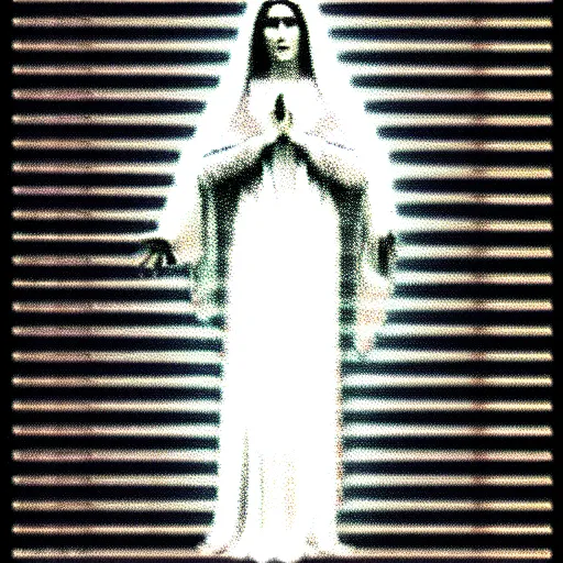 Image similar to vhs static overlay of marian apparition, vhs, 1 9 9 0, highly realistic, highly detailed, vhs noise static, black and white, vhs glitch