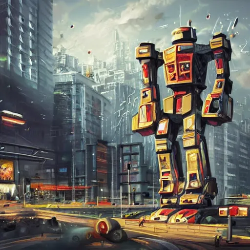 Prompt: A picture two giant robot buildings that have mechanical parts, punching each other, pieces falling, in a urban landscape, sci fi, detailed, hyper realistic