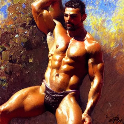 Image similar to Portrait of a greek soldier, muscular, thighs!!!!, painting by Gaston Bussiere, Craig Mullins