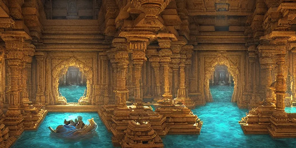 Image similar to Breath taking cinematic movie scene, in the style of Ridley Scott and James Cameron, hyper realistic, 200mm wide shot, hyper detailed, precise architectural rendering, interior of an underwater India temple in ancient Dwarka with giant blue glowing Krishna statue with ornate Indian temple architecture, multicoloured fish, god days, volumetric light, crowds of people, highly detailed architecture, crystalline, detailed illustration, sharp focus, concept art, unreal engine, octane render H 768