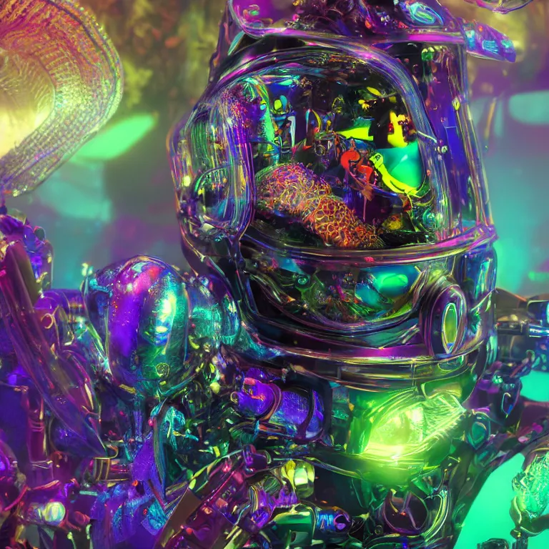Image similar to octane render portrait by wayne barlow and carlo crivelli and glenn fabry, subject is a shiny reflective psychedelic colorful cybernetic android black ops scuba diver with small dim lights inside helmet, surrounded by bubbles inside an exotic alien coral reef aquarium full of exotic fish and sharks, cinema 4 d, ray traced lighting, very short depth of field, bokeh