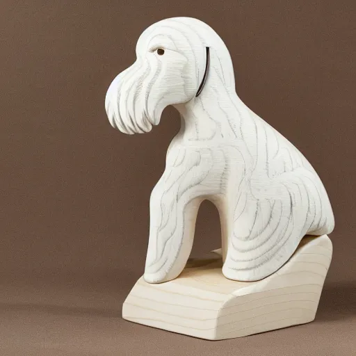 Prompt: wooden sculpture of a white cockapoo wearing headphones, polished maple, thoughtful, elegant, real