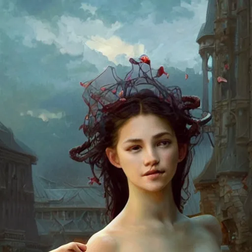 Prompt: in the foreground, a large onion ring tower. In the background a shirtless girl reaches out for it. The girl is covered in blood. portrait, elegant, intricate, digital painting, artstation, concept art, smooth, sharp focus, illustration, art by artgerm and greg rutkowski and alphonse mucha