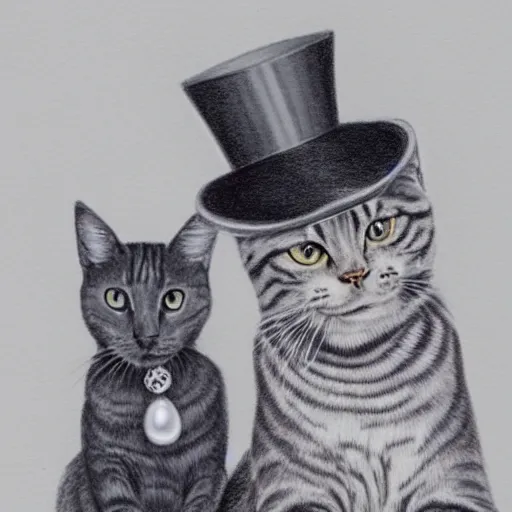 Prompt: portrait of grey tabby cat wearing a top hat next to a black cat wearing a pearl necklace, detailed colored pencil drawing 4 k