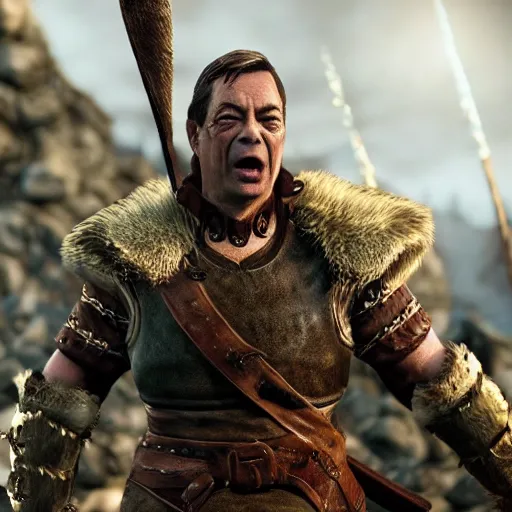 Prompt: nigel farage as a warrior in skyrim splash art, movie still, cinematic lighting, dramatic, octane render, long lens, shallow depth of field, bokeh, anamorphic lens flare, 8 k, hyper detailed, 3 5 mm film grain