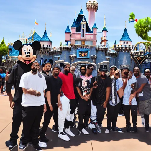 Image similar to a group of rappers, at disneyland, group photo