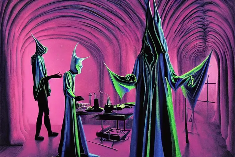 Image similar to a masterpiece painting in the laboratory of a technomancer wizard, in dazzle camouflaged robes, pointed hoods, he discusses sentience with his al djinn by remedios varo and anato finnstark and greg rutkowski and andy warhol and francis picabia. dayglo pink blue, prismatic, pearlescent, raven black, glowing, hyperrealism, trending on artstation