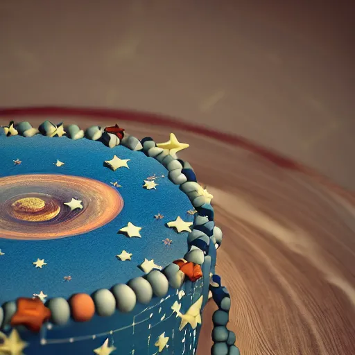 Image similar to Realistic cake with planets and stars on it, behance, artstation, unreal render, unreal engine 5, octane, intricate, 100mm, photorealistic, hyper realism, high detail, smooth, sharp focus, bokeh, 8k, movie shot, cinematic perspective, studio shot