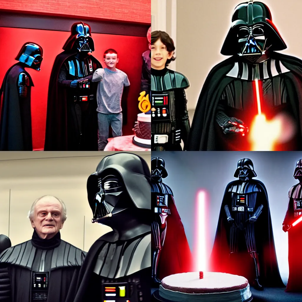 Prompt: high - quality photo of darth vader celebrating his birthday with emperor palpatine and kylo ren