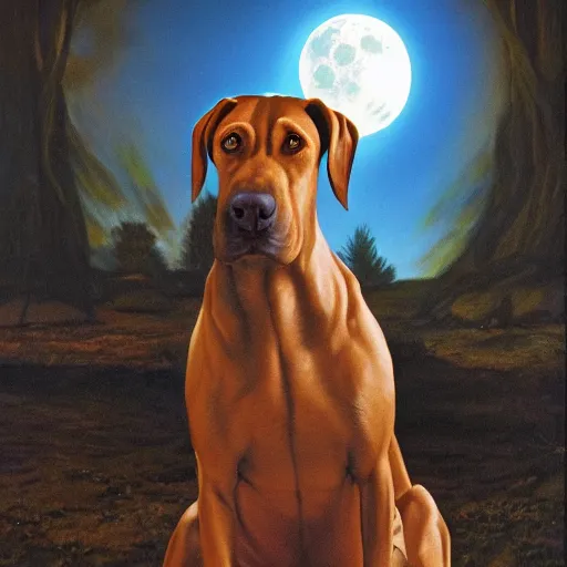 Image similar to the new age prophet Rhodesian ridgeback dog, illuminated from behind like a Catholic saint portrait, full moon night. Portrait by Paul Bonner, oil on canvas