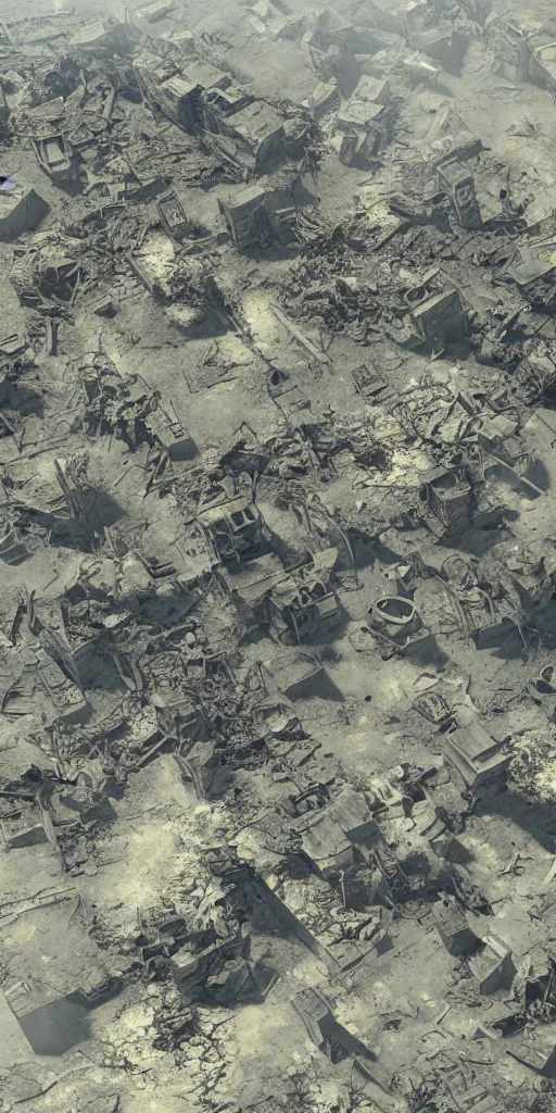 Image similar to aerial view of destroyed battlefield, 3 d render, hyperdetailed