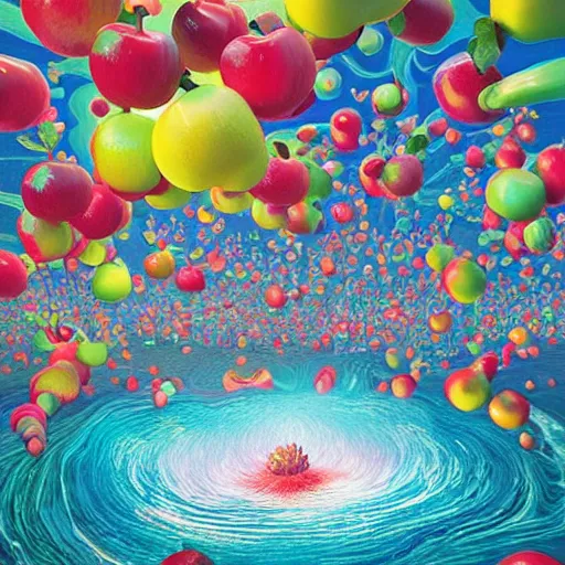 Prompt: jelly rococo gel apples bursting plasma and colorful auras, liquid, drippy, splashing, scifi 3 d paint spray by beeple, rob gonsalves, jeff koons, jacek yerka, m. c. escher