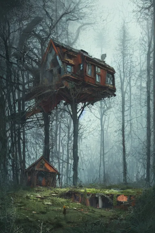 Prompt: an abandoned and overgrown ramshackle multistory hut in the woods, intricate, elegant, fantasy, highly detailed, digital painting, concept art, sharp focus, illustration, artstation, art by Simon Stålenhag