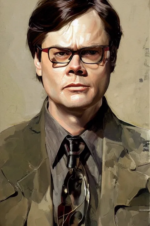 Image similar to dwight schrute gardening, beets!!!, painting by jc leyendecker!! phil hale!, angular, brush strokes, painterly, vintage, crisp