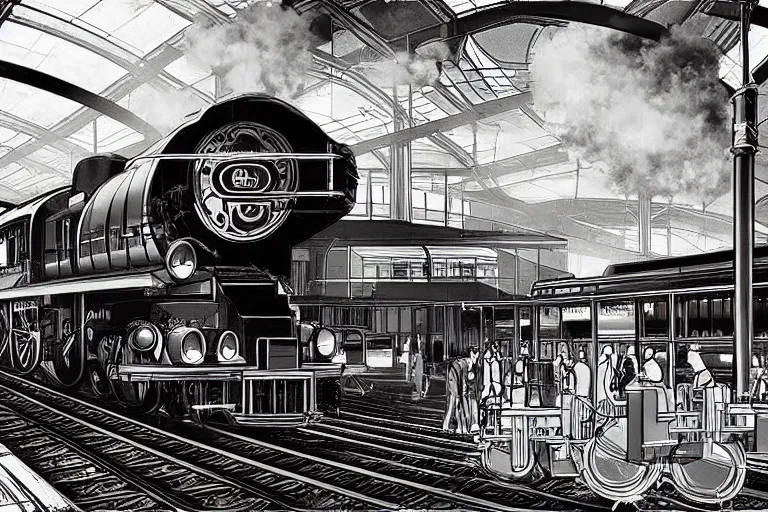 Prompt: “an Art Deco steam train in a train station being boarded by robots, photorealistic, highly details”