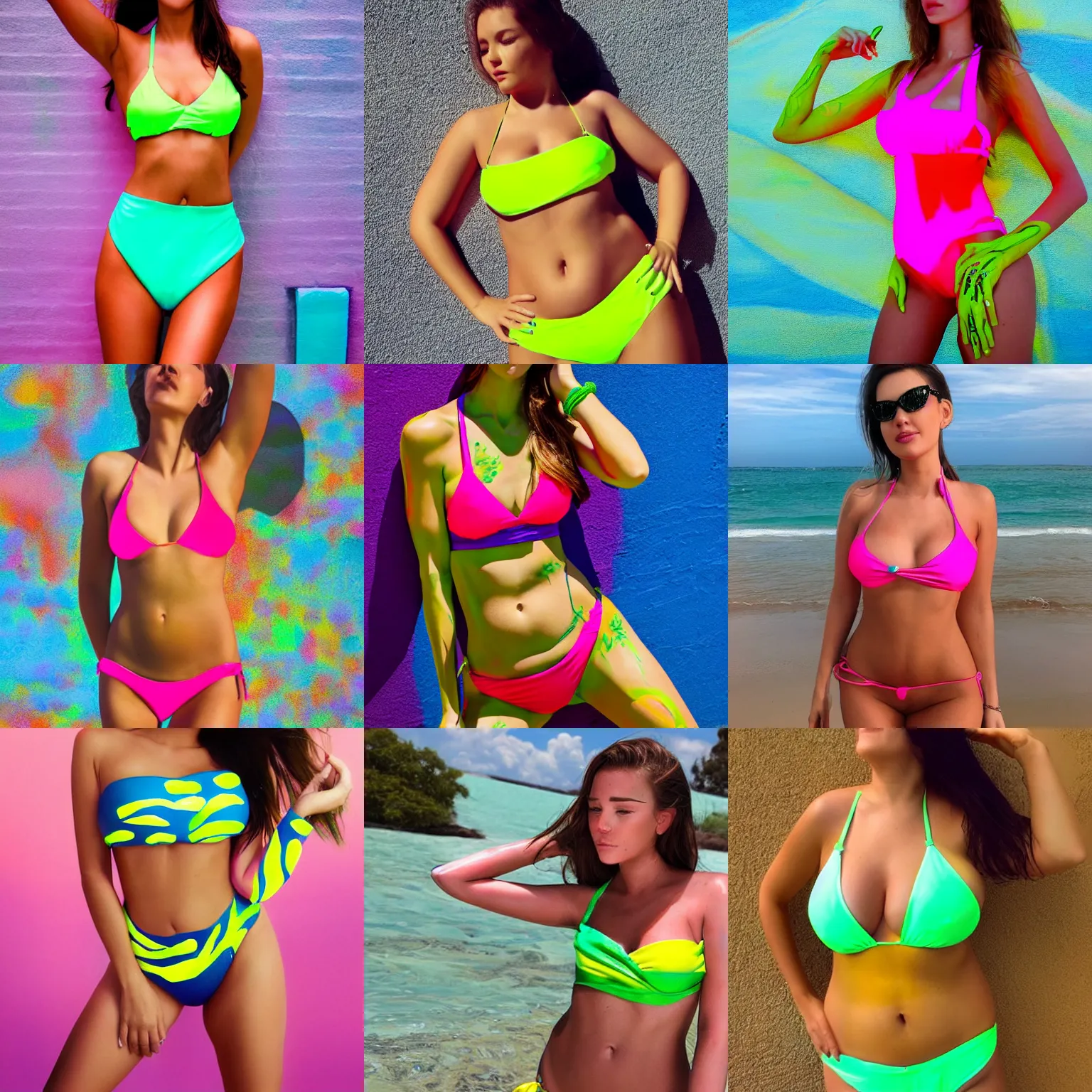 Prompt: a beautiful girl in a bikini body painted in fluorescent colors