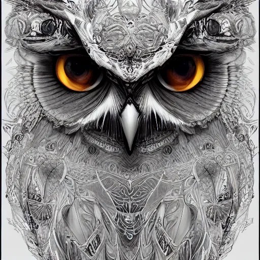 Prompt: the portrait of the absurdly beautiful, graceful, elegant, sophisticated, realistic owl, orange eyes, an ultrafine hyperdetailed illustration by kim jung gi, irakli nadar, intricate linework, bright colors, octopath traveler, final fantasy, unreal engine highly rendered, global illumination, radiant light, detailed and intricate environment