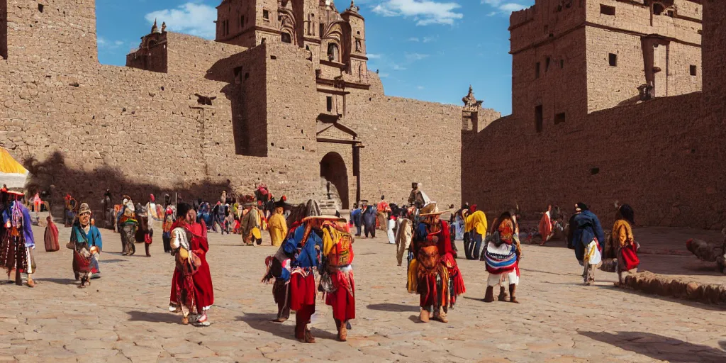Image similar to peru in the 1 8 0 0 s filled with ancient cuzco inca architecture, inca womans walking the streets, indians in traditional wear haggling with the street vendors, surreal, beautiful, hyper realistic, trending on artstation, 8 k, hd