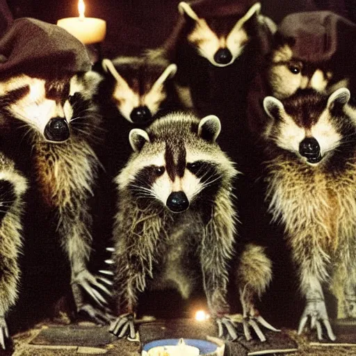 Prompt: 1 9 8 0's award winning sci - fi movie still, a group of raccoons wearing dark cult robes look towards the camera in surprise and anger as they perform a dark occult evil ceremony inside the secret lair of an underground mystery cult, dramatic candlelight, pentagrams, ultra - detailed, photorealistic, 4 k