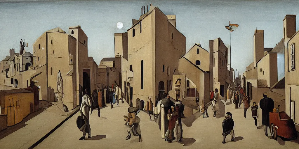 Image similar to a painting of street life in kirkwall, orkney, people,houses, by Giorgio de Chirico