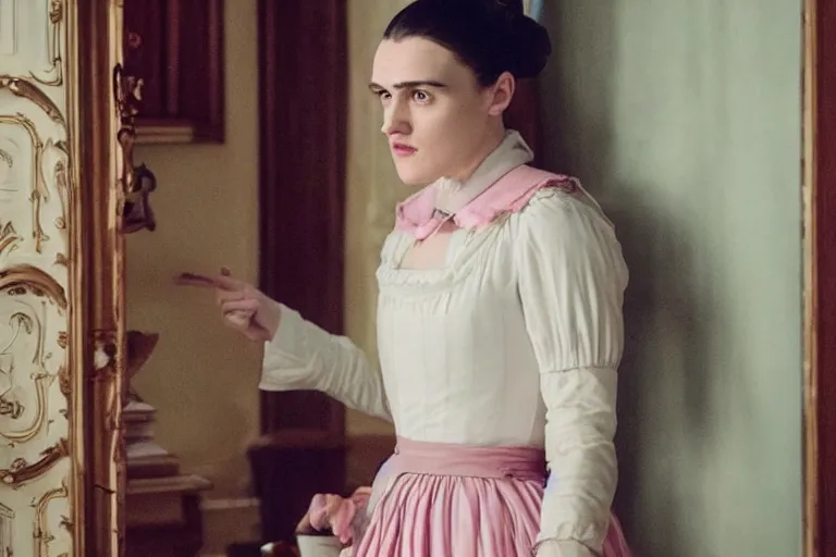 Prompt: mid-shot of Katie McGrath as the maid in the new movie directed by Wes Anderson, symmetrical shot, idiosyncratic, relentlessly detailed, pastel, limited colour palette, detailed face, movie still frame, promotional image, imax 70mm footage