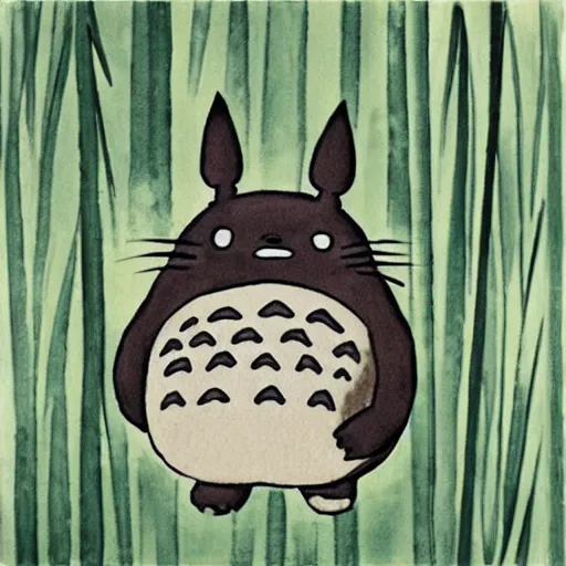 Prompt: “totoro surrounded by bamboo, ink wash painting”