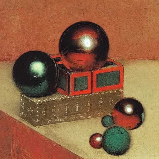 Prompt: chrome spheres on a red cube by otto marseus van schrieck