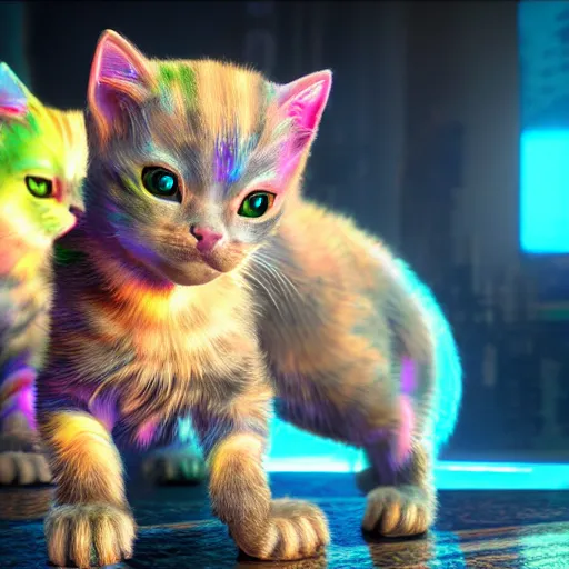 Image similar to iridescent kittens cyperpunk 2 0 7 7 fluorescent, unreal engine 5, 8 k ultra realistic, hyperdetailed, volumetric lighting, extremely high quality