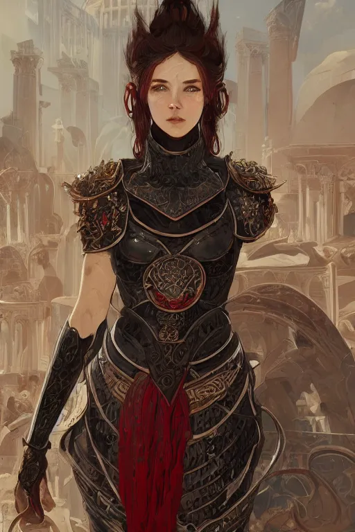 Image similar to portrait knights of Zodiac girl, metallic black and reddish armor, in ruined Agora of Athens, ssci-fi, fantasy, intricate, very very beautiful, elegant, highly detailed, digital painting, artstation, concept art, smooth, sharp focus, illustration, art by tian zi and WLOP and alphonse mucha
