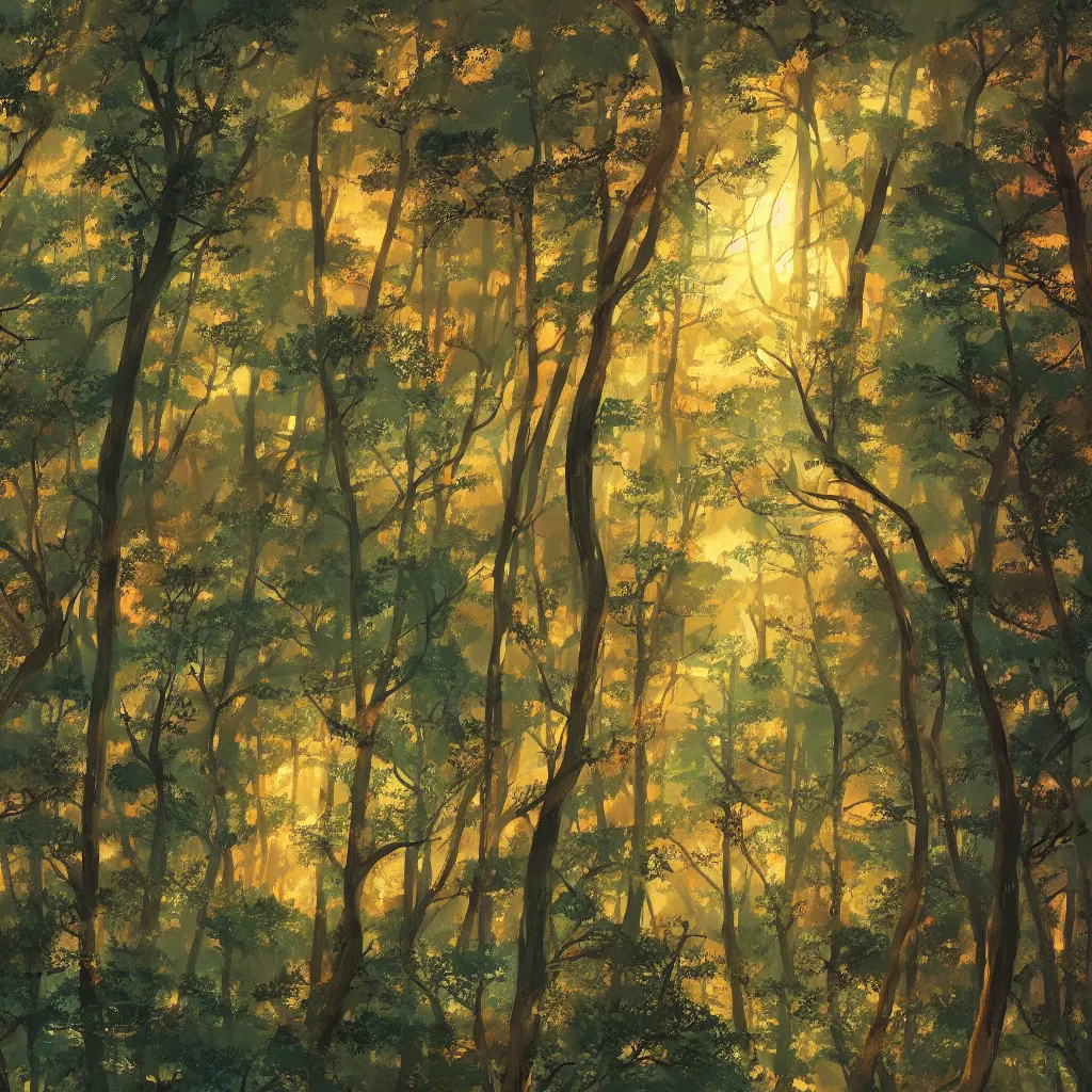 Image similar to sharp focus, breath taking beautiful, Aesthetically pleasing, gouache forest at golden hour, digital concept art background by Hayao Miyazaki and Studio Ghibli, fine art, official media, high definition, illustration, ambient lighting, HDR, HD, UHD, 4K, 8K, cinematic, high quality scan, award winning, trending, featured, masterful, dynamic, energetic, lively, elegant, intricate, complex, highly detailed, Richly textured, Rich vivid Color, masterpiece.
