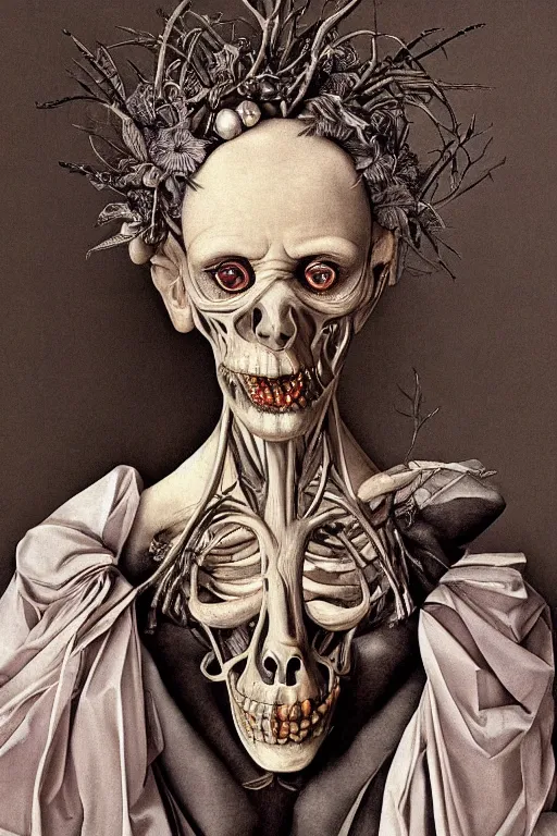 Image similar to Detailed maximalist portrait of a beautiful old woman with large lips and eyes, scared expression, botanical skeletal with extra flesh, HD mixed media, 3D collage, highly detailed and intricate, surreal illustration in the style of Caravaggio, dark art, baroque, centred in image