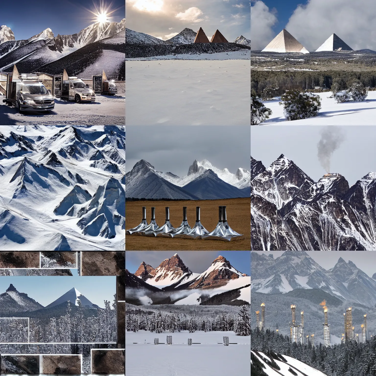 Prompt: chrome pyramids with smokestacks high up in the snowy mountains