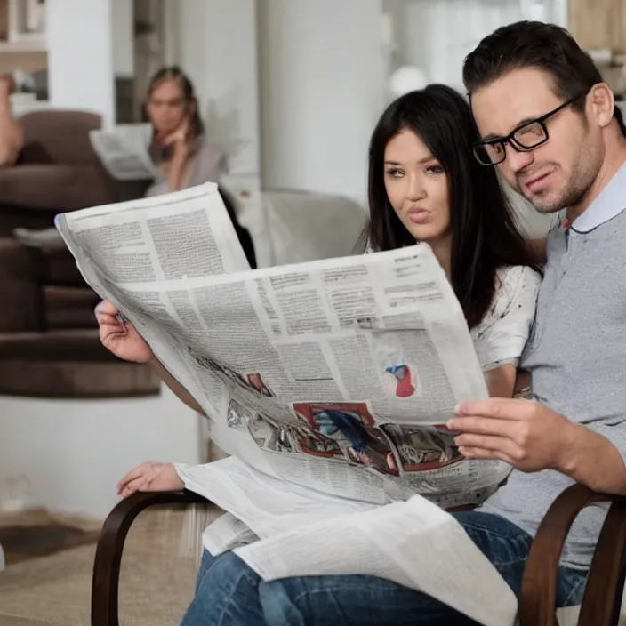 Image similar to man sitting in chair reading newspaper with attractive wife standing behind him