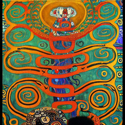 Image similar to intricate ouroboros feathered serpent large painting by gustav klimt