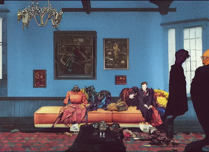 Prompt: a still from the film harry potter and the chamber of secrets by francis bacon, surreal, soft blue living room, norman rockwell and james jean, greg hildebrandt, and mark brooks, triadic color scheme, by greg rutkowski, in the style of francis bacon and syd mead and edward hopper and norman rockwell and beksinski, dark surrealism, open ceiling